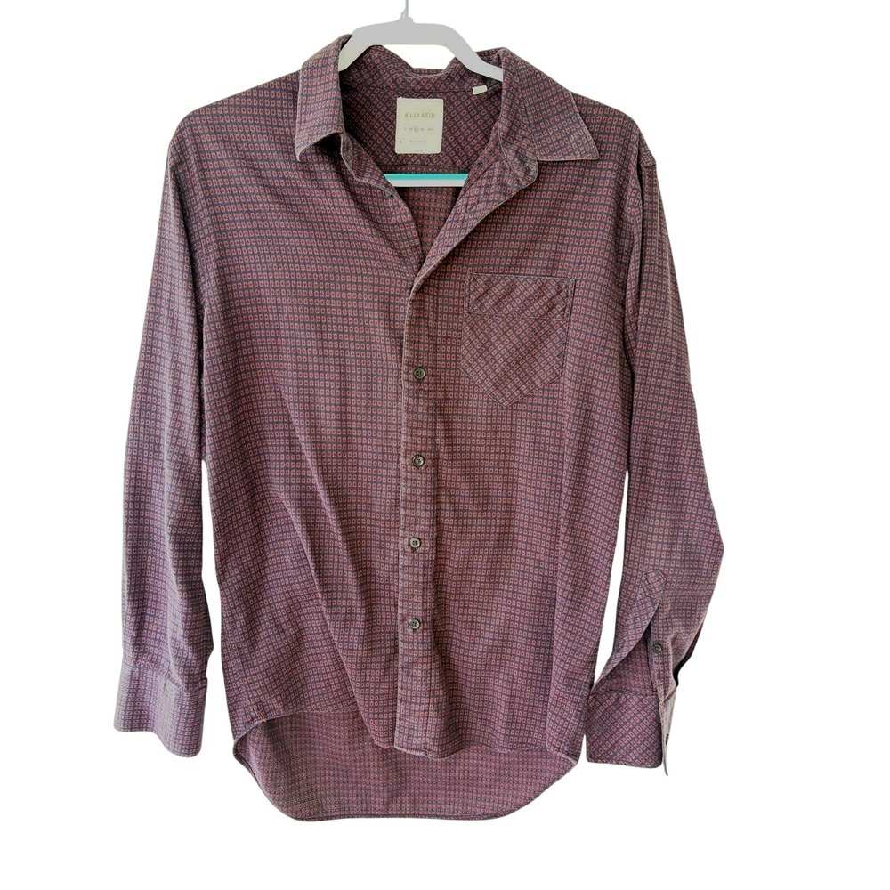 Billy Reid Mens Large Standard Cut Button Down Shirt Navy Orange Micro Print LS